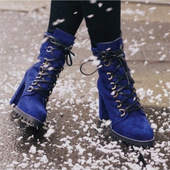 Stuart Weitzman Shackleton Suede Leather Lace-up Heeled Boots Blue Size 9.5 - Picture 1 of 14